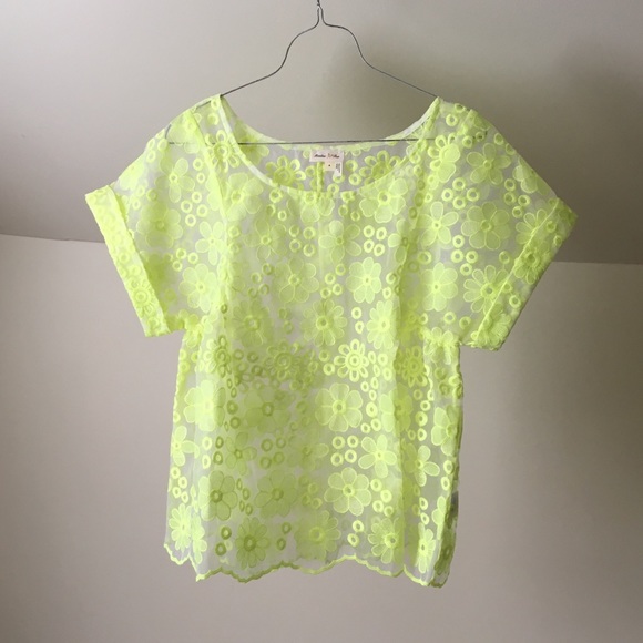 ANTHROPOLOGIE Lime Sheer Embroidered Floral Top - Picture 2 of 8